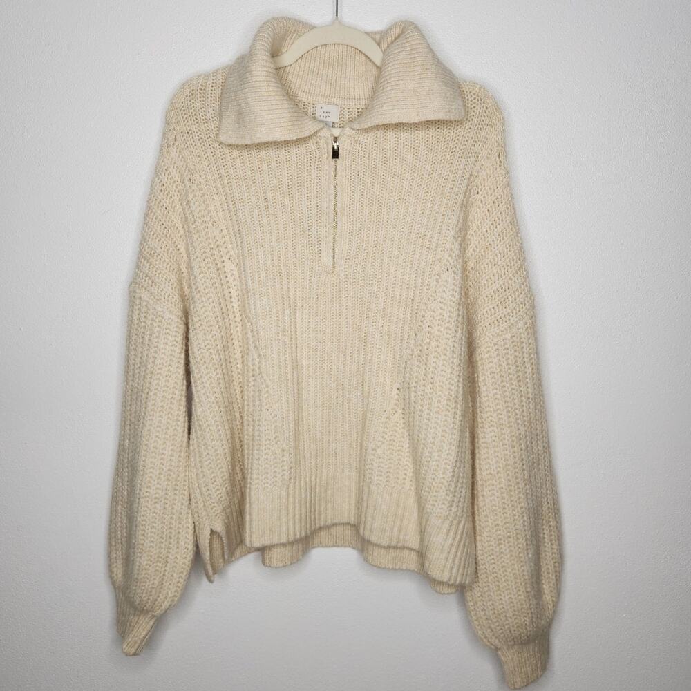 A New Day Oversized Polo Zip Sweater Cream Boho Fall Autumn Knit LG